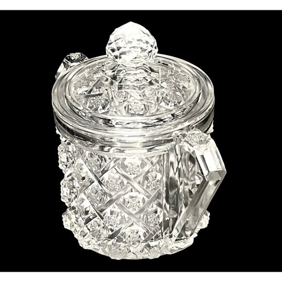 Vintage Cambridge GLASS CRACKER JAR & LID With Handles Covered Cookie Candy Dish - Picture 2 of 8